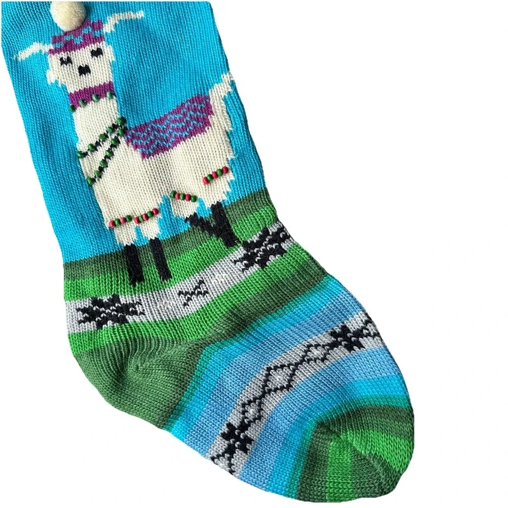 Vintage Hand Knitted Llama‎ Christmas Stocking 21 Inch Beads Accent Green Blue
